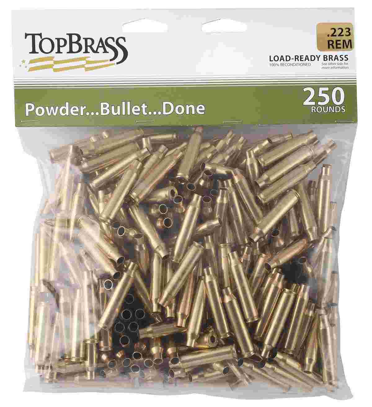 Top Brass Unprimed Remanufactured Rifle Brass .223 Rem Bagged Header Card Grade A+ 250/ct