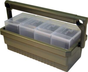 MTM SHOTSHELL BOX CADDY W/ 4 - SS25 RND CLEAR SHOTSHELL BOXES